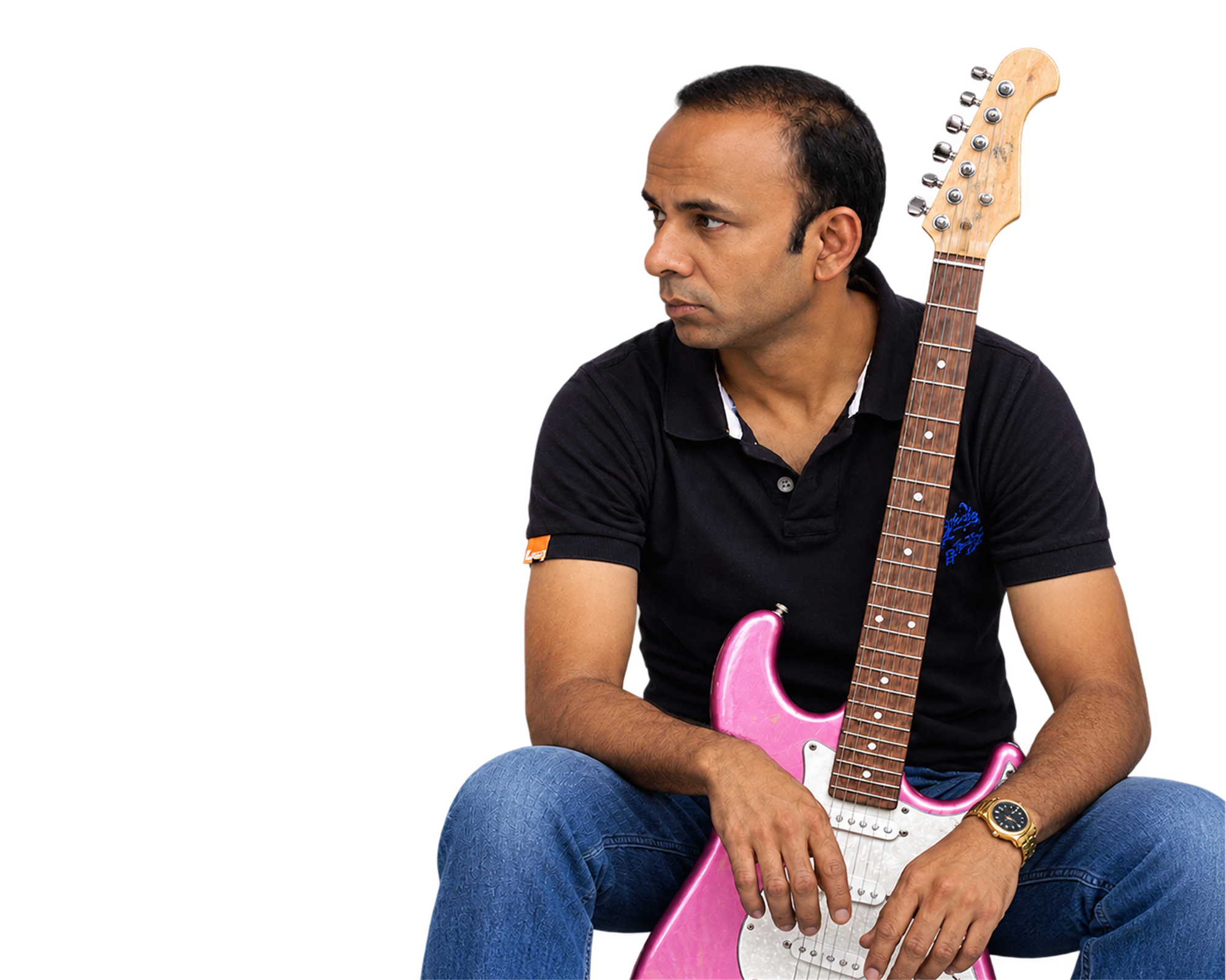 Rahul with his pink electric guitar